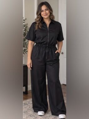 NikeAir Black Short-Sleeve jumpsuit with Drawstring Waist